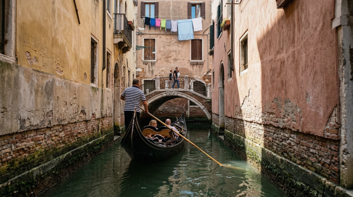 Gondolier in a striped shirt rowing a black gondola down a narrow side canal between brick walls on a gondola ride in Venice, Italy