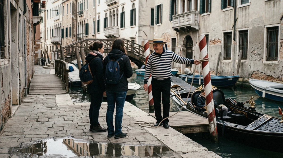 Gondolier in a striped shirt on a stone quay beside his moored gondola, agreeing the price of a gondola ride in Venice, Italy