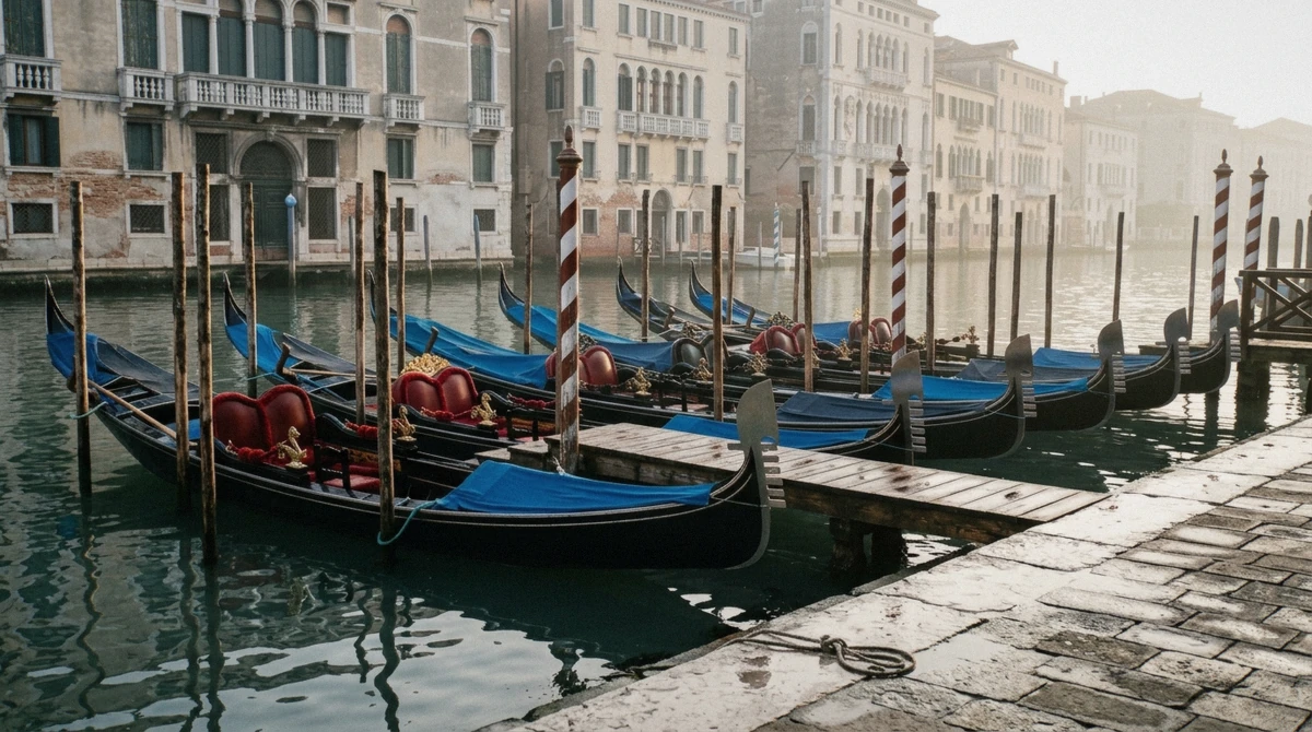 Row of moored black gondolas with brass seahorse fittings waiting at an official stazio for gondola rides in Venice, Italy, early morning