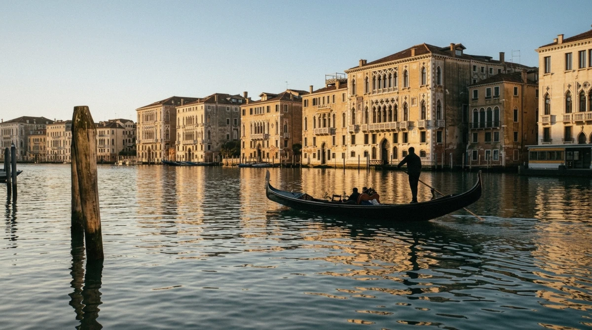 Quiet Venice canal in soft early morning light with a single moored gondola and no other boat traffic, contrasted with a busier midday canal scene