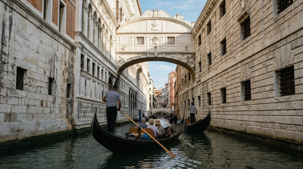 Gondola passing beneath the Bridge of Sighs on a gondola ride in Venice, Italy, seen from water level