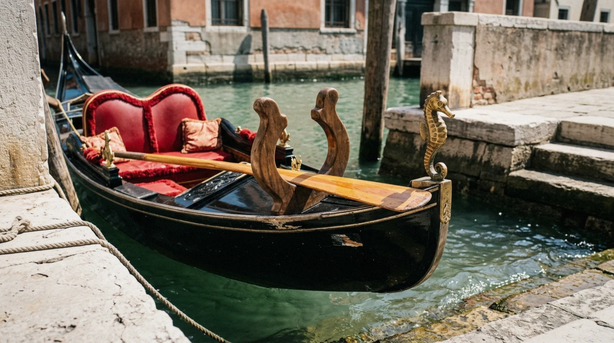 Brass seahorse fitting and red upholstery on a moored gondola in Venice, Italy