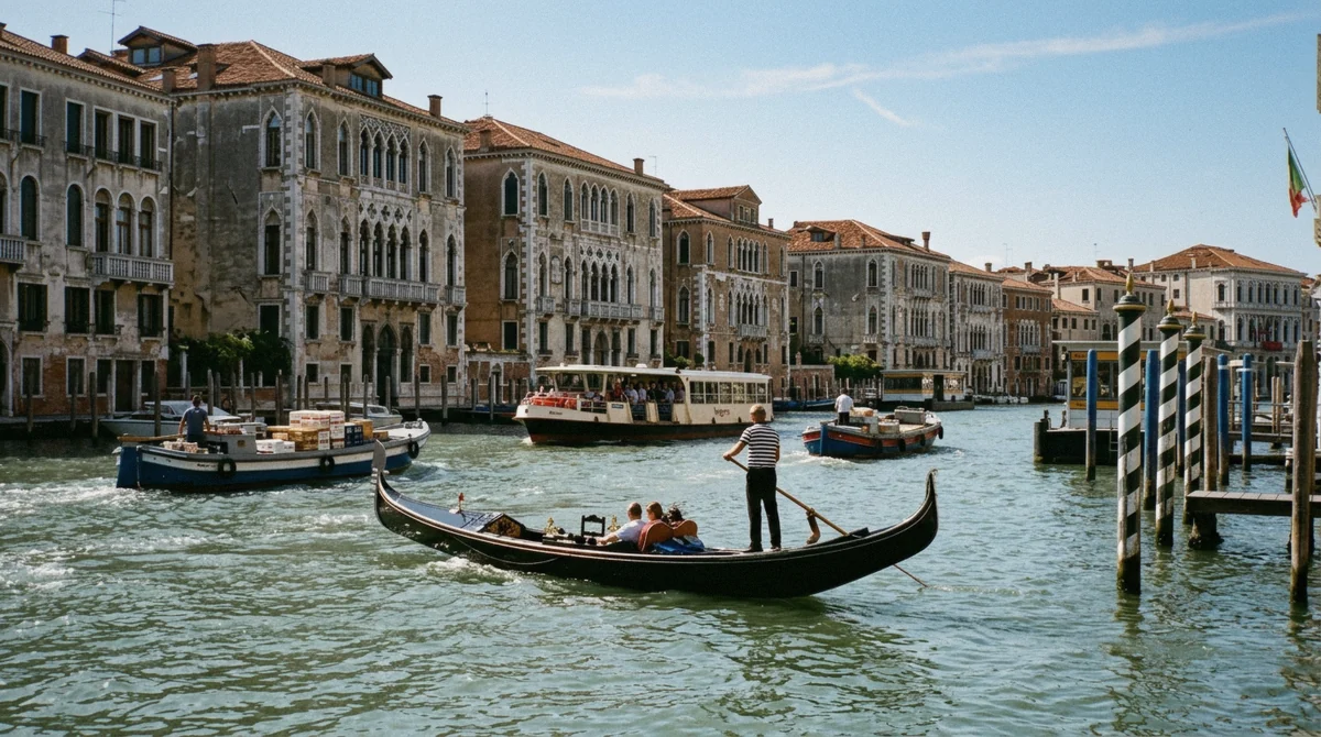 Gondola holding its line against the wash of passing boats on the Grand Canal in Venice, Italy