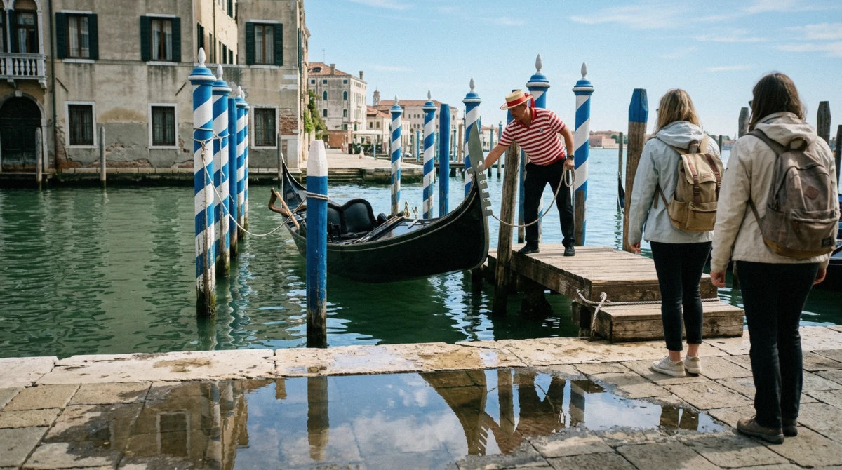 Gondolier rowing standing upright in calm water near San Marco, in regulation uniform, showing safe operating conditions for a gondola ride in Venice