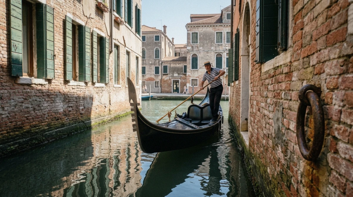 Gondola in a narrow Venetian canal on a family gondola ride in Venice, Italy
