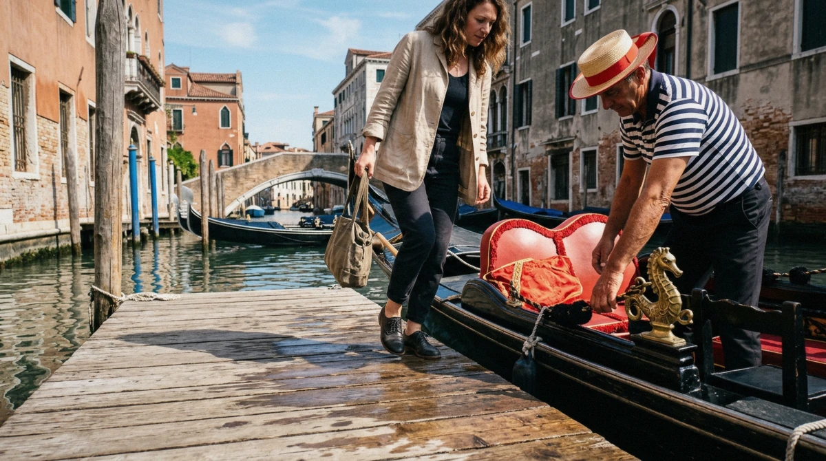 Traveller stepping down from a stone quay onto a gondola's low seat, wearing flat shoes suited to a gondola ride in Venice