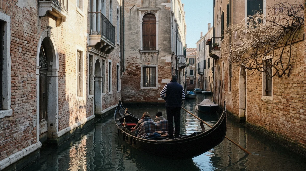 Gondola passengers under a blanket on a winter gondola ride in Venice, Italy