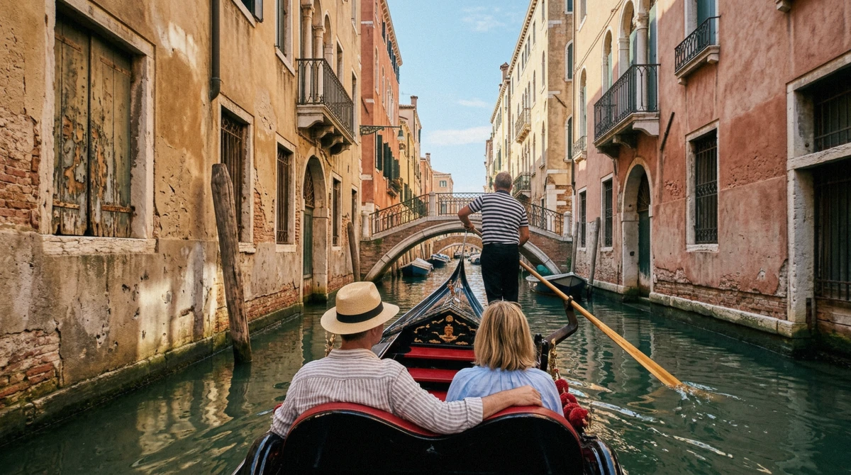 Gondolier mid-stroke rowing a gondola through a narrow shaded canal in Venice, Italy, passengers visible from behind