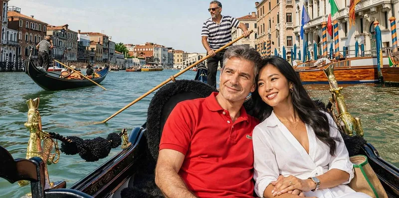 Two gondolas travelling together past brick palazzi on a storytelling gondola ride in Venice, Italy, passengers listening to live commentary